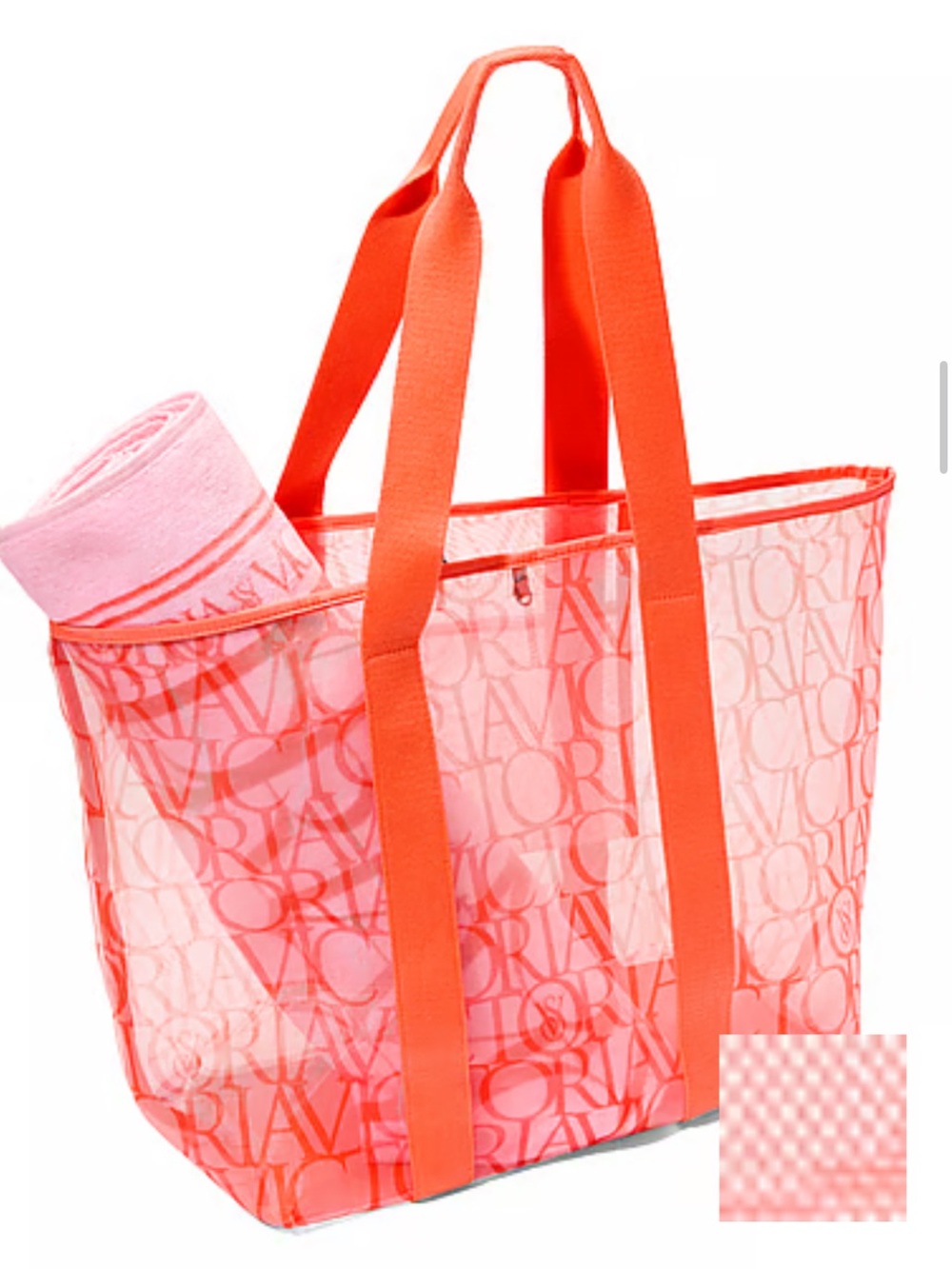 Victoria's Secret Coral Pink Logo Mesh Beach Tote Satchel Bag & Beach Towel